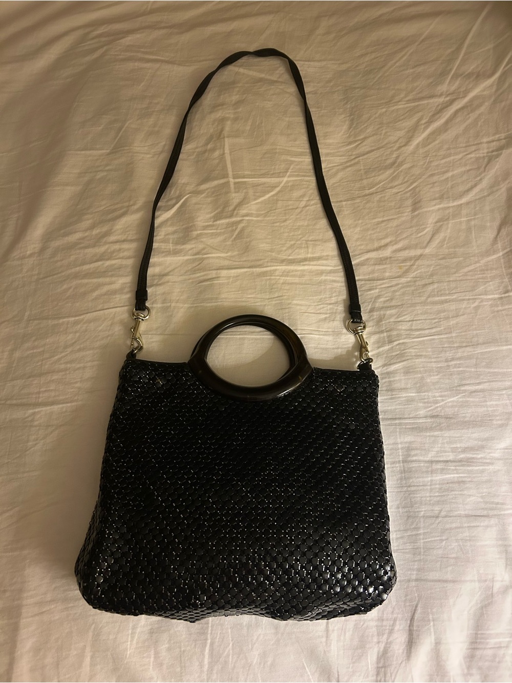 Vintage Whiting and Davis Black Mesh Shoulder Bag with Round Amber Handle